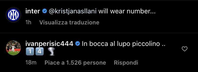 Asllani e la 14, l'investitura social di Perisic: "In bocca al lupo piccolino"