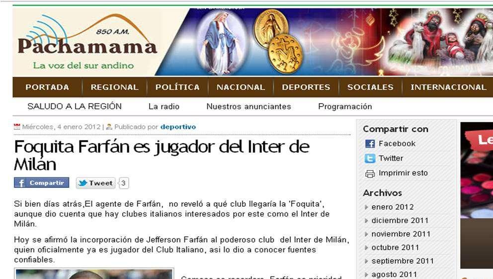 Dal Perù: "Farfan andrà all'Inter". Ma in realtà...