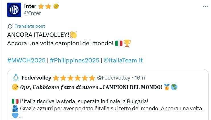 L'ItalVolley maschile campione del mondo per la seconda volta consecutiva: i complimenti dell'Inter