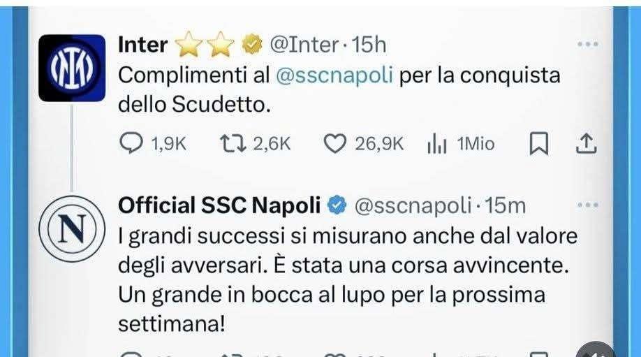 Il Napoli rende onore all'Inter: "Corsa Scudetto avvincente, in bocca al lupo per la Champions"