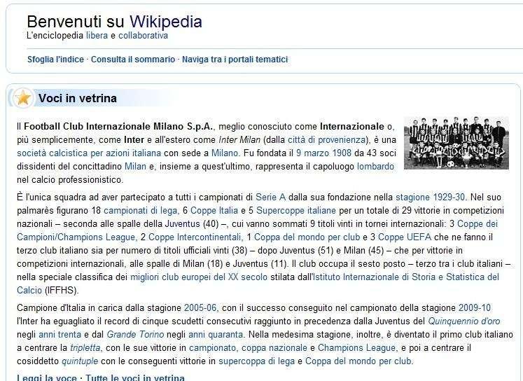 Wikipedia celebra l'Inter in home page