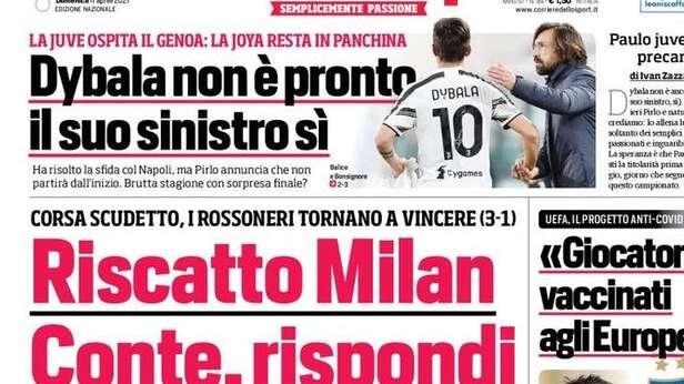 Prima pagina CdS - Riscatto Milan, Conte rispondi. L'Inter a pranzo per risalire a +11