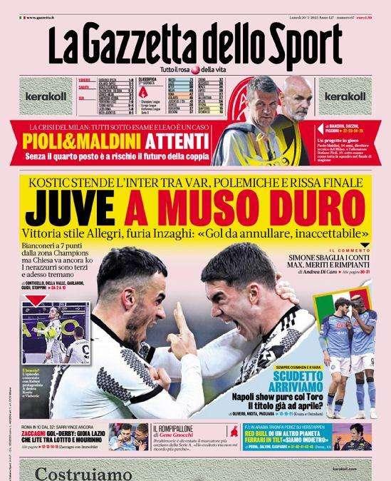 Prima GdS - Juve a muso duro. Kostic stende l'Inter tra VAR, polemiche e rissa finale