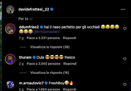 Dumfries non risparmia Frattesi in 'versione modello': "Hai il naso perfetto per gli occhiali"