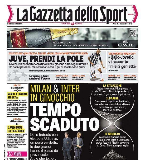 GdS - Milan & Inter in ginocchio. Passo da provinciale, con Mancini la B più vicina. Mercato: Cerci e Tielemans