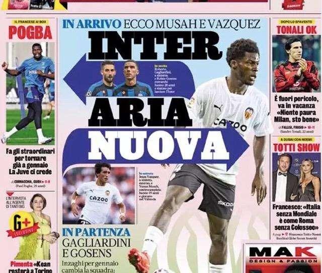 Prima GdS - Inter, aria nuova. In arrivo Musah e Vazquez, in partenza Gagliardini e Gosens
