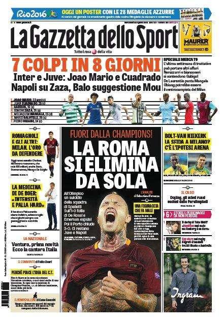 Prima pagina GdS - Inter e Juve: Joao Mario e Cuadrado