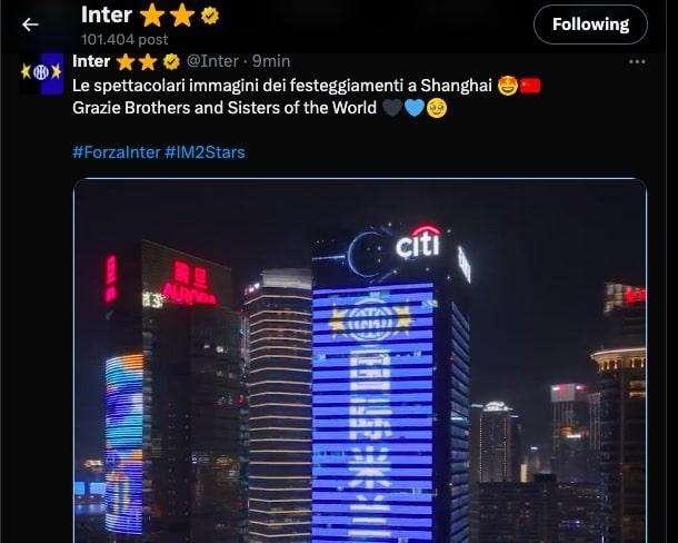 Shanghai si colora di nerazzurro per celebrare l'Inter, il club apprezza: "Grazie Brothers and Sisters of the World"