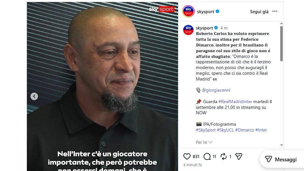 Roberto Carlos celebra Dimarco: "Terzino moderno, mi ricorda il mio modo di giocare"