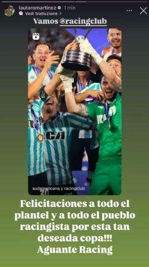 Il Racing alza al cielo la Copa Sudamericana, Lautaro esulta: "Complimenti alla squadra e al popolo racingista"