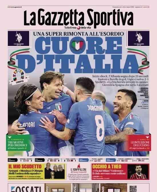 Prima GdS - Cuore d'Italia. Bastoni e Barella in gol, Gigio ci salva: 2-1
