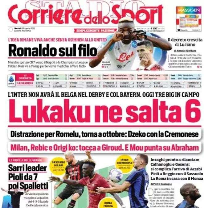 Prima CdS - Lukaku ne salta 6, torna a ottobre. Inzaghi pronto a rilanciare Calhanoglu e Gosens