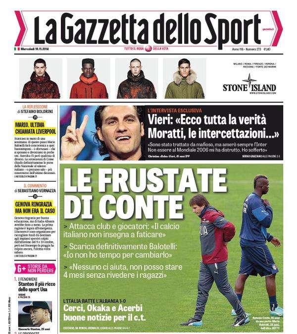 Prime pagine - Vieri: "Moratti e intercettazioni. Trattato da mafioso, amerò sempre l'Inter". Pellegrini, ore calde