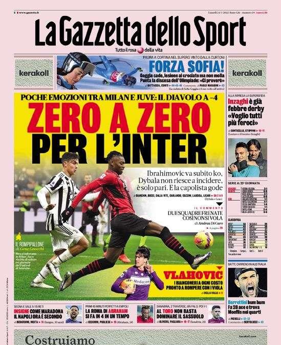 Prima pagina GdS - Zero a zero per l'Inter. Inzaghi, è già febbre derby
