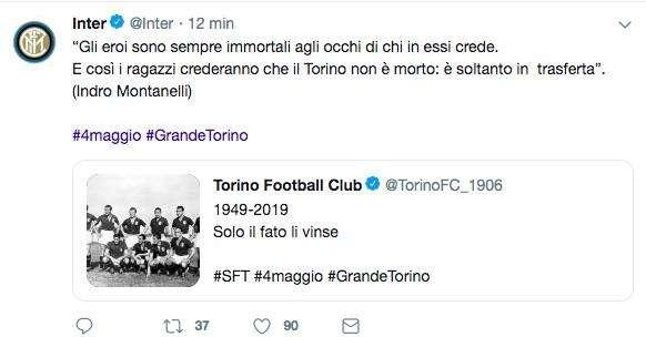 L'Inter omaggia il Grande Torino: "Gli eroi sono sempre immortali agli occhi di chi in essi crede"