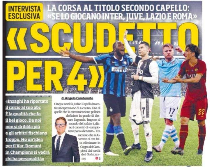 Prima CdS - Scudetto per quattro. La corsa al titolo secondo Capello: "Se lo giocano Inter, Juve, Lazio e Roma"