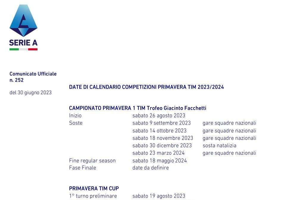 PRIMAVERA, Date del prossimo campionato: inizio 26/08