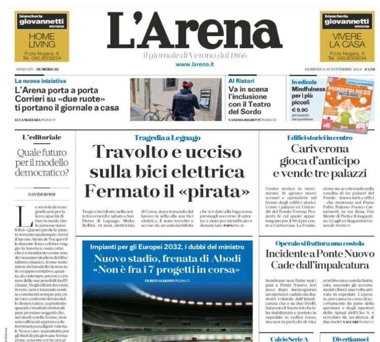 L'ARENA, In prima pagina: "L'Hellas cerca punti a Firenze"