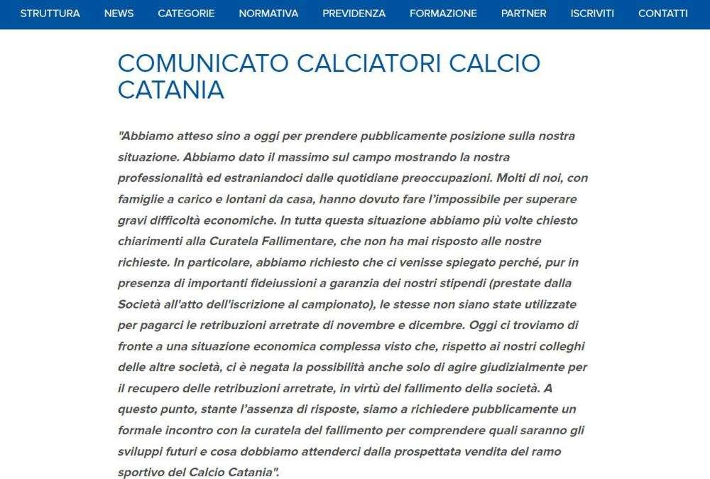 CATANIA, Giocatori senza stipendio, richiesta all'AIC