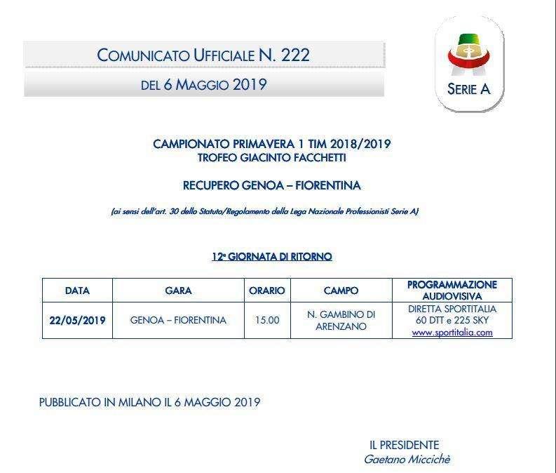 PRIMAVERA, Genoa-Fiorentina si recupera il 22/5