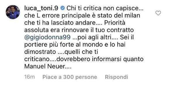 TONI, A Donnarumma: "Chi ti critica non capisce"
