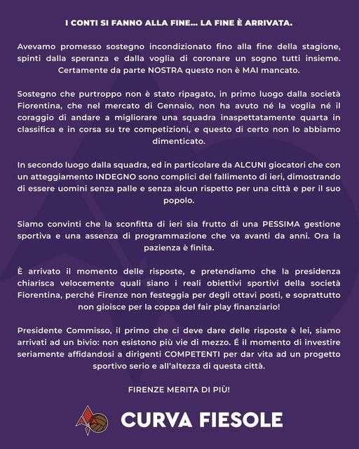 LA CURVA FIESOLE TUONA: "RESA DEI CONTI. PESSIMA GESTIONE SPORTIVA, ALCUNI CALCIATORI INDEGNI: ORA LE RISPOSTE DEL PRESIDENTE"