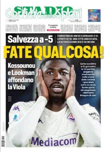 La Fiorentina è disperata. E Stadio titola in prima pagina: "Fate qualcosa!"