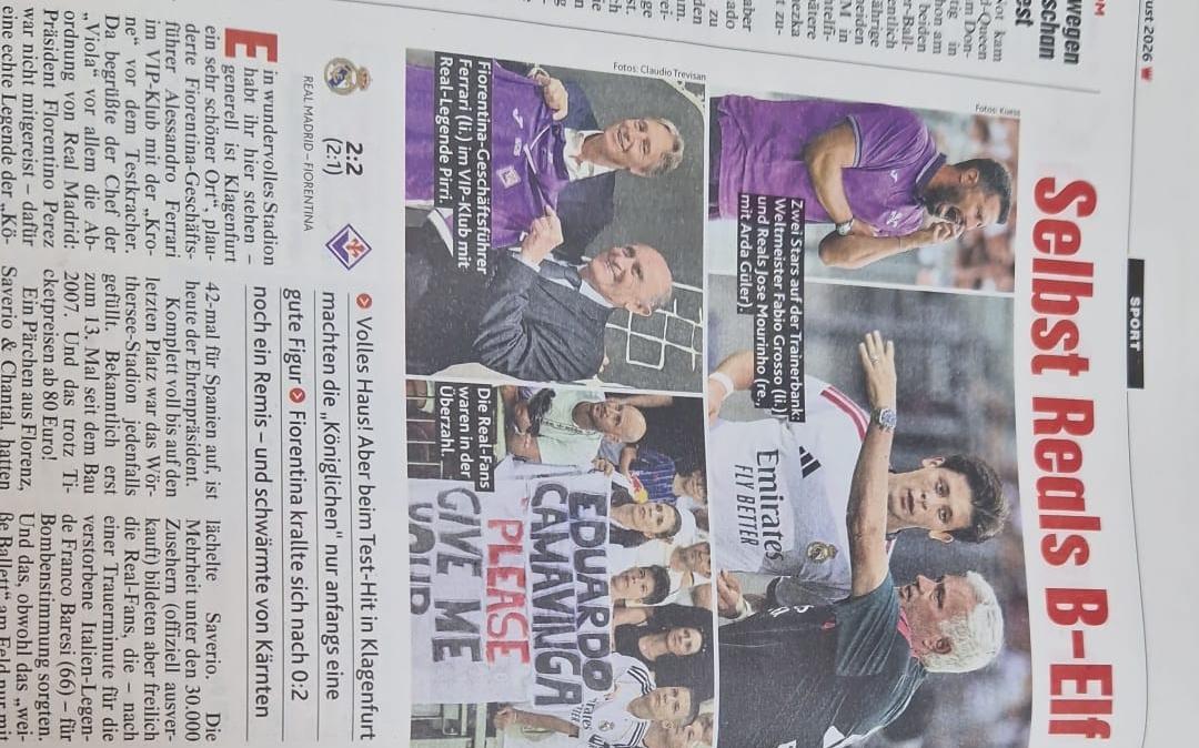Real Madrid-Fiorentina sulle prime pagine austriache: l'apertura del Kronen Zeitung