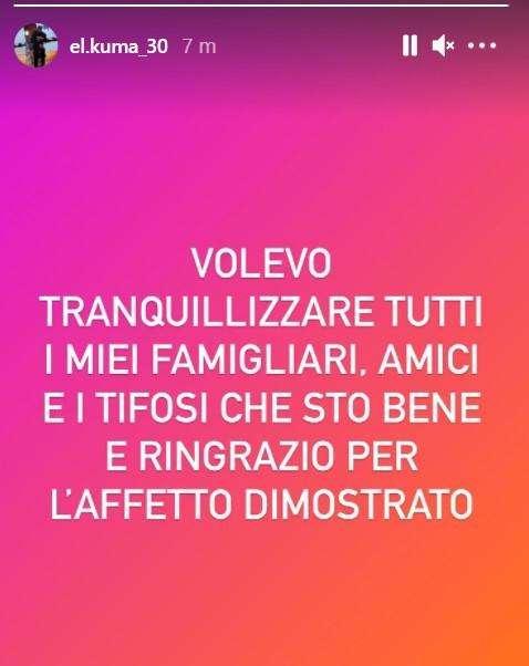 BABACAR, Tranquillizza e ringrazia tutti via social