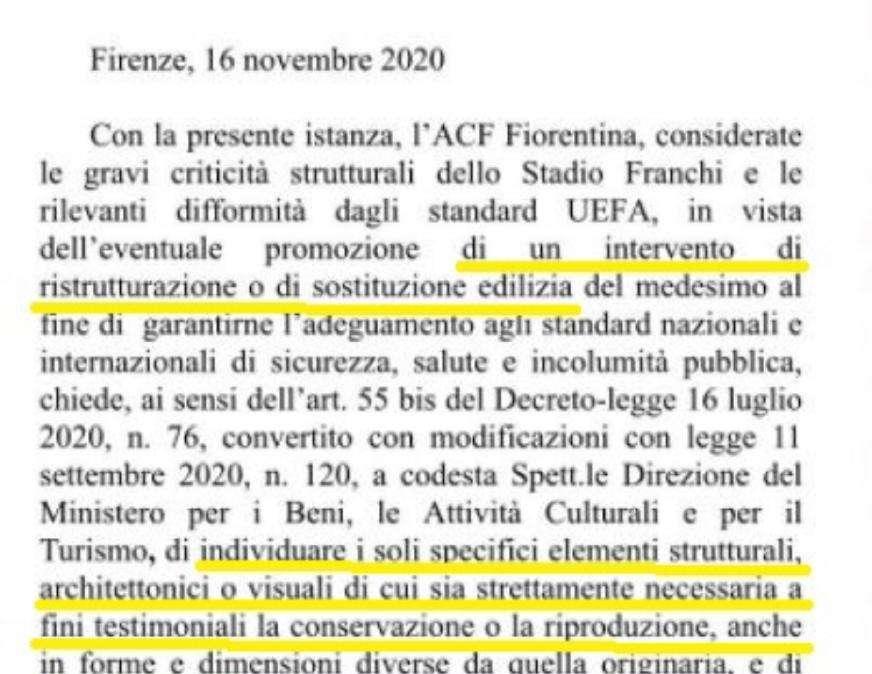 FOTO, Ecco la lettera di ACF al Mibact per il Franchi