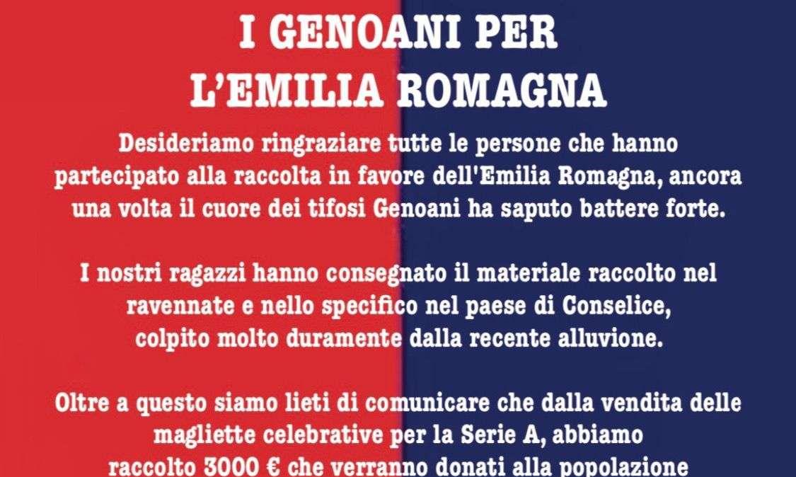 La T. O. ringrazia i tifosi rossoblù per il sostegno all'Emilia Romagna