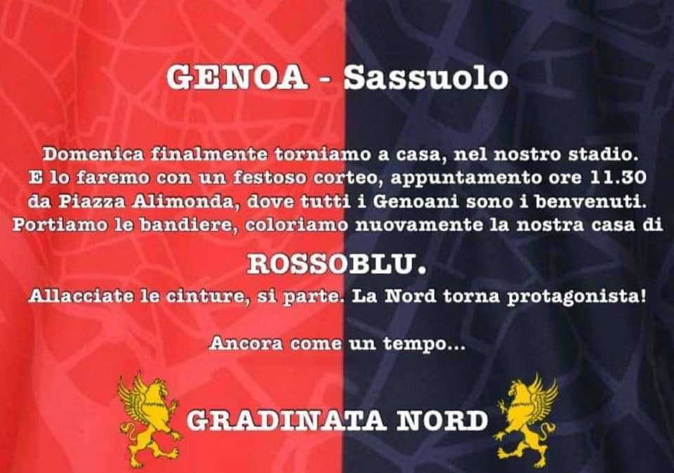 Genoa-Sassuolo, comunicato della Gradinata Nord