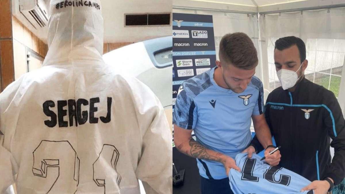 Lazio, contro il Covid con Milinkovic sul camice: Marco incontra Sergej  - FOTO