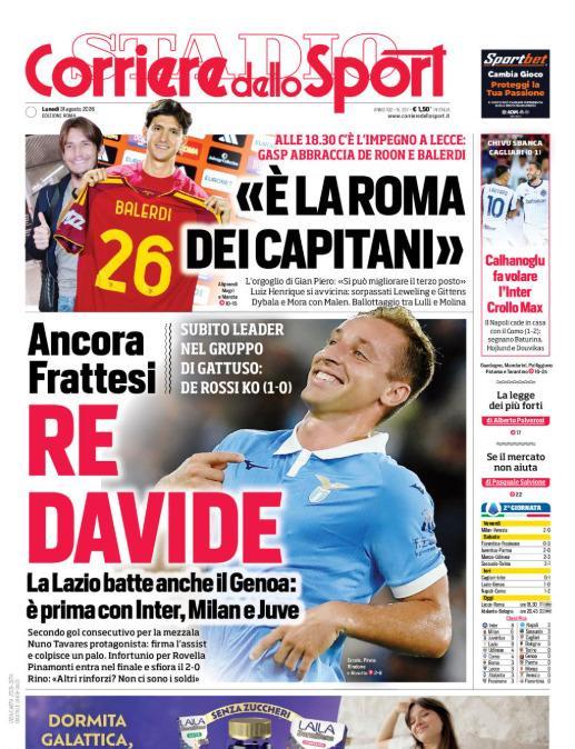 Lazio, la prima pagina del Corriere dello Sport: "Re Davide" - FOTO