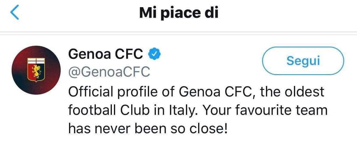 Genoa, like inopportuno (poi rimosso) al post contro la Lazio - FOTO