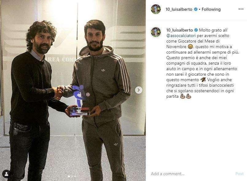 Lazio, Luis Alberto premiato MVP di novembre: “Grazie a tifosi che si sgolano per noi”