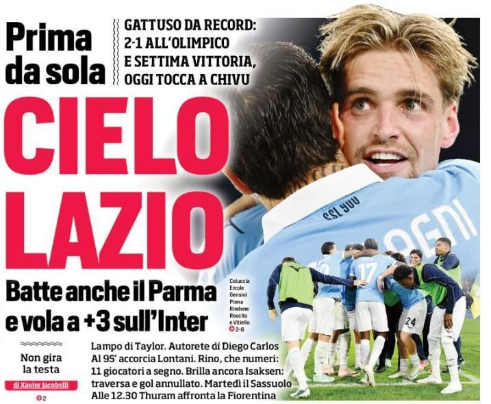 "Cielo Lazio": Il Corriere dello Sport incorona la capolista in prima pagina