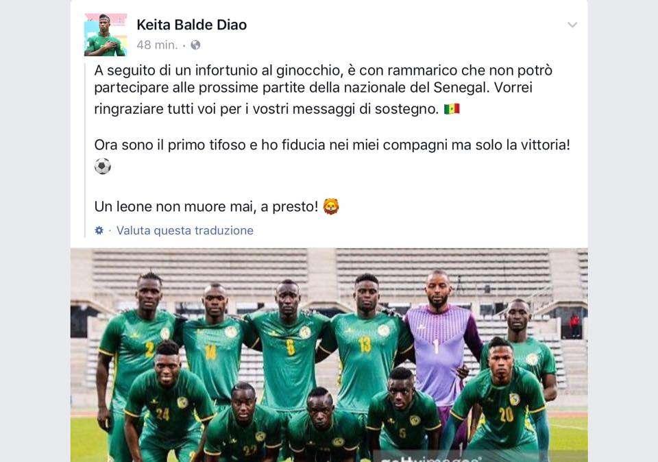 Senegal, Keita annuncia il forfait: "Ho un problema al ginocchio, tiferò per i miei compagni"