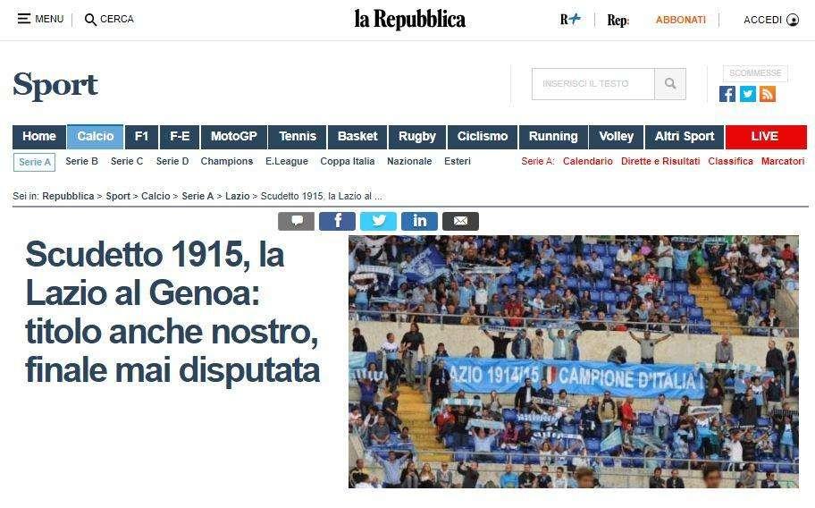 Lo Scudetto 1915 finisce su La Repubblica: "La Lazio vuole l'ex aequo"