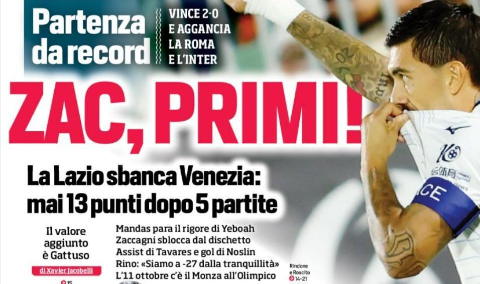 Lazio, "Zac, Primi!": il titolo di apertura del Corriere dello Sport