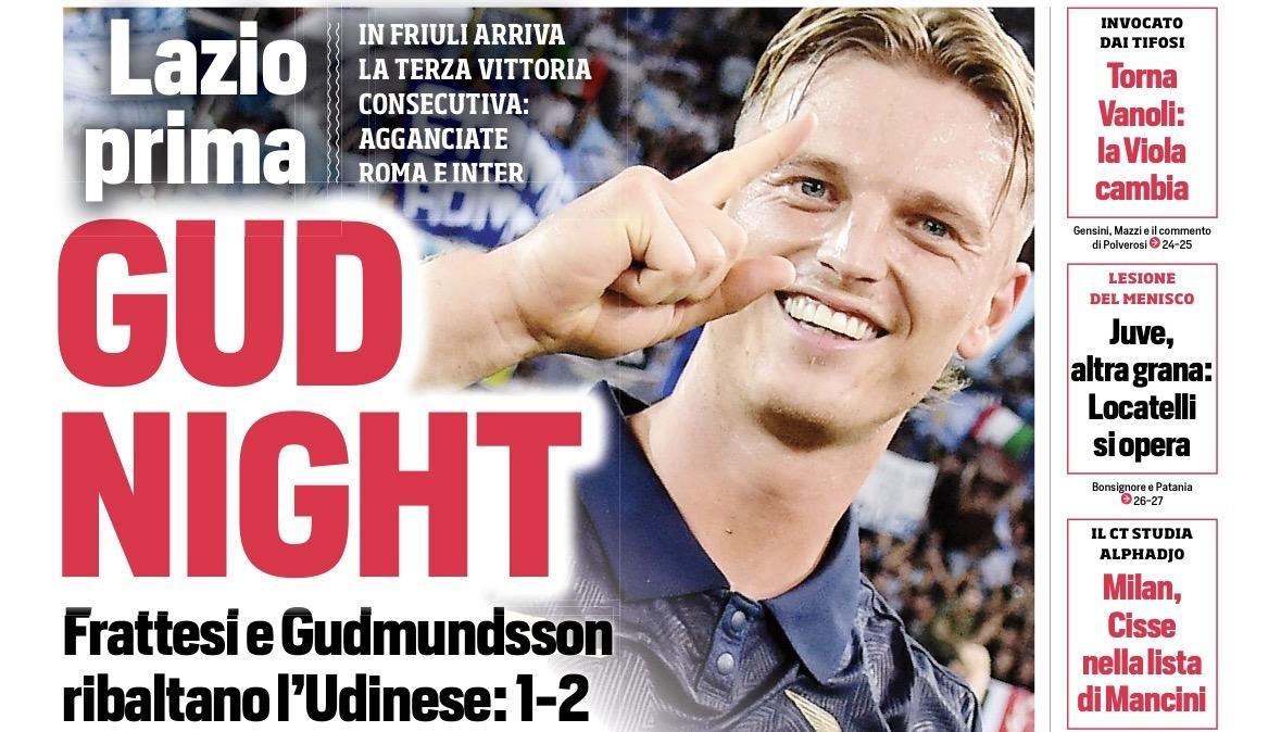 "Gud night: Lazio prima": il titolo d'apertura de Il Corriere dello Sport