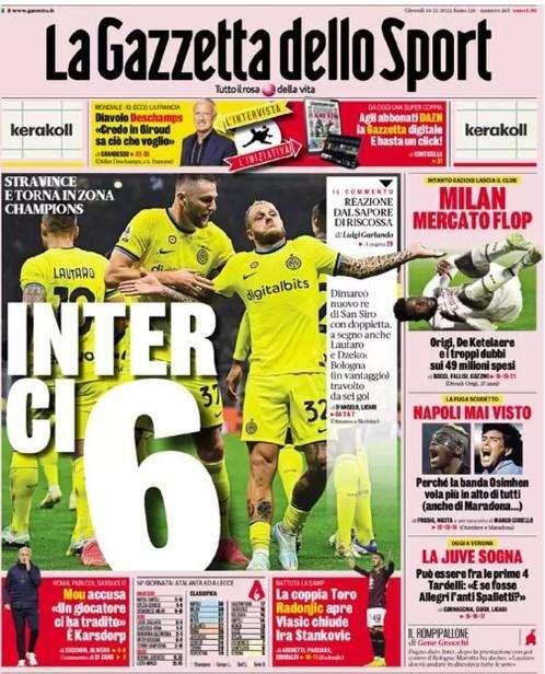 L'apertura de La Gazzetta dello Sport: "Inter ci 6". Bologna travolto a San Siro