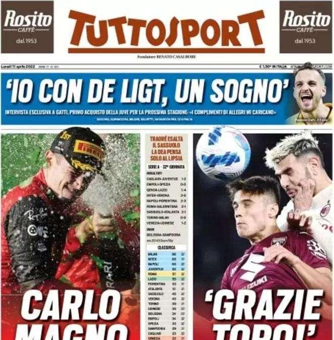 L'apertura di Tuttosport: "Grazie Toro!". Il pari col Milan fa felice l'Inter