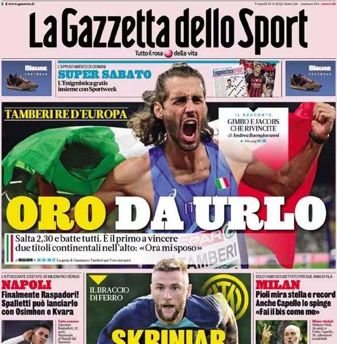 L'apertura de La Gazzetta dello Sport - "Skriniar, l'Inter fa muro"