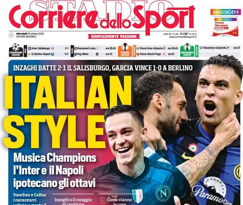L'apertura del Corriere dello Sport: "Italian style. Inter e Napoli ipotecano gli ottavi"
