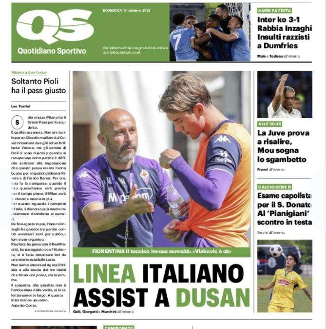 La prima pagina del QS: "Inter ko 3-1. Rabbia Inzaghi. Insulti razzisti a Dumfries"