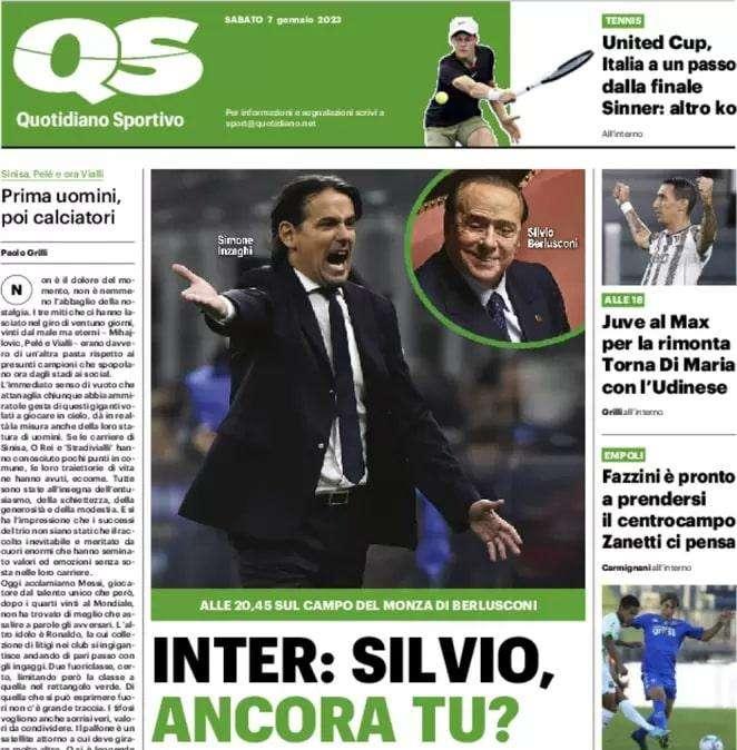 L'Inter sfida il Monza di Berlusconi. Il QS titola in apertura: "Silvio, ancora tu?"