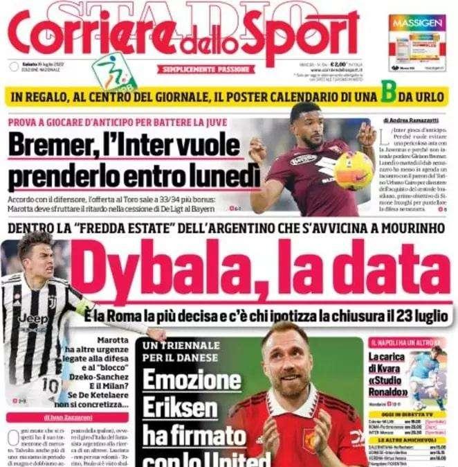 Il Corriere dello Sport sull'Inter: "Bremer, i nerazzurri lo vogliono entro lunedì"