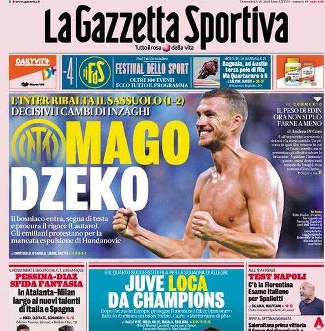La prima pagina de La Gazzetta dello Sport: "Mago Dzeko, l'Inter ribalta il Sassuolo"