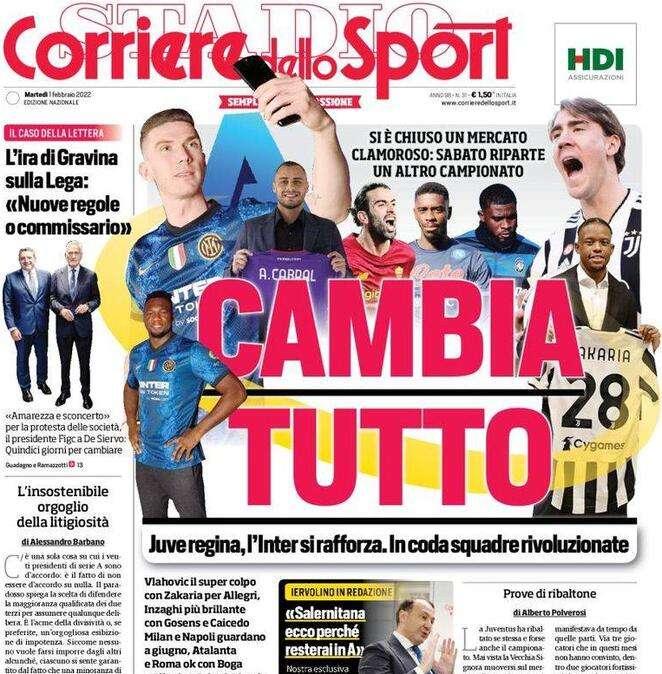 Il CorSport in apertura: "Cambia tutto". Inter più brillante con Gosens e Caicedo